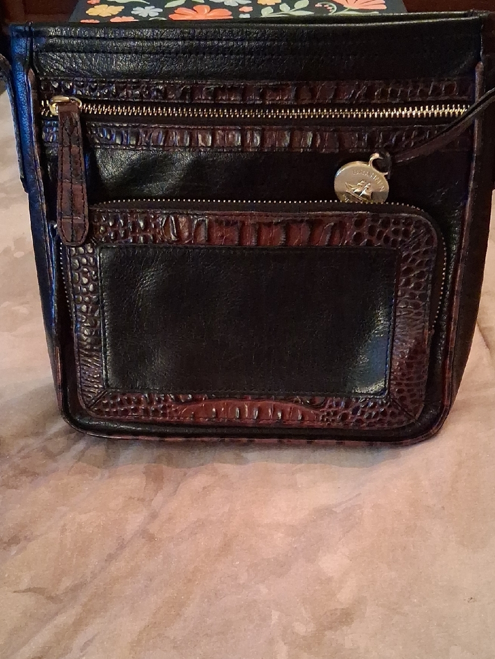 Brahmin Black and Brown Croc-Trim Shoulder Crossbody